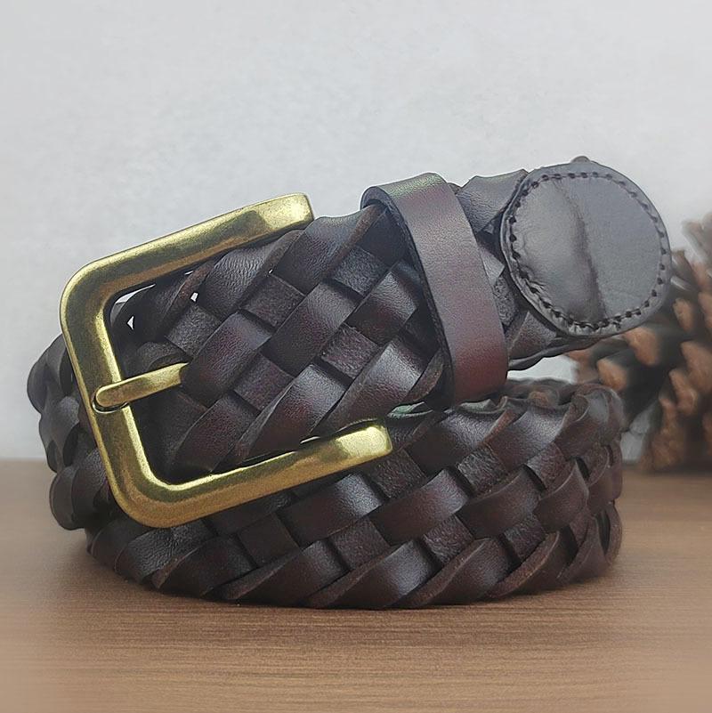 

Ремень мужской из натуральной кожи плетеный ремень женский с пряжкой игольчатого плетения первый слой чистой коровьей кожи повседневный, простой и индивидуальный, ручная работа плетение Tide average size about 95-110cm темно-коричневого