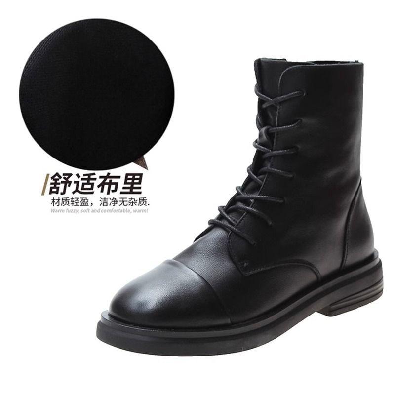 

Ботинки женские 2025 весна и осень ботинки Мартин британский стиль круглый носок плоский каблук средняя голень короткие ботинки тонкие ретро кожаные туфли 35