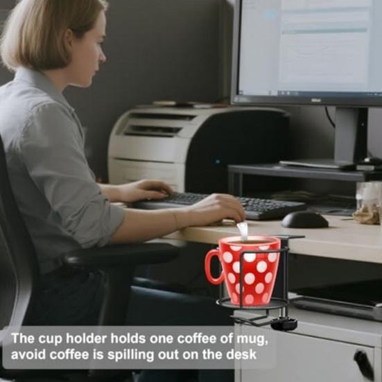 Desk Edge Cup Holder Tool-Free Clamp On Desk Cup Holder Stainless Steel Anti-Spill Drink Holder for Office Home Gaming Desk
