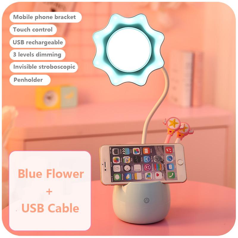 Lovely 3 Levels Dimmer Reading Table Lamp Pen Case Base Student LED Desk Lamp Girls Charge Bedside Lamp for Bedroom Studyroom