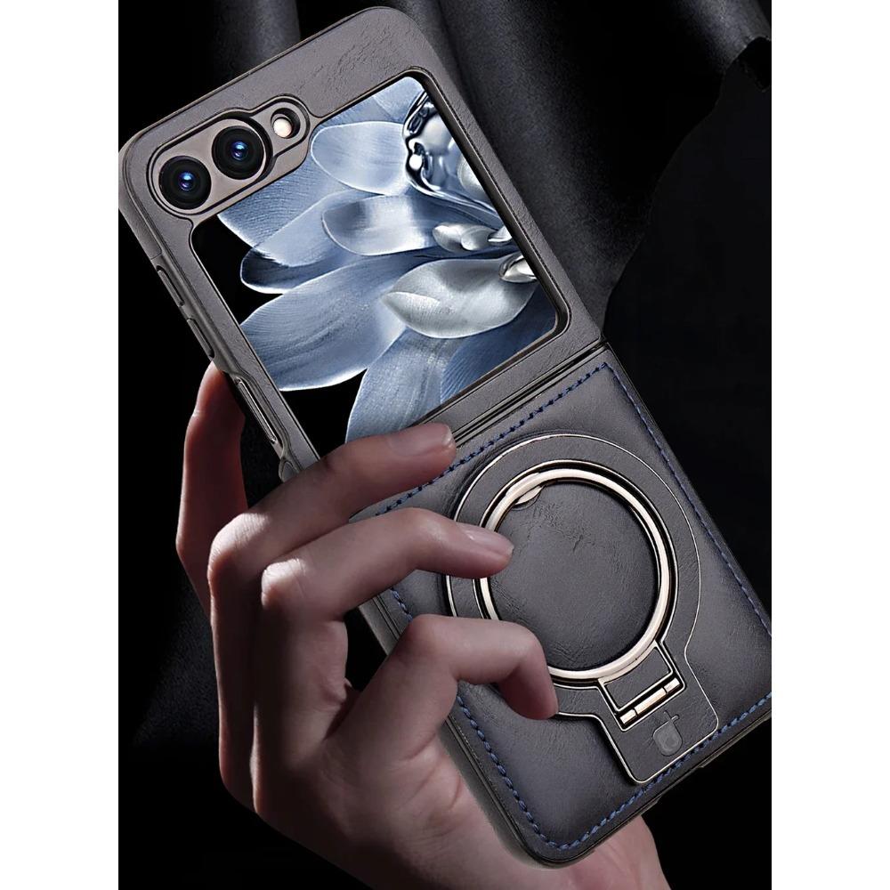 Premium Leather Magnetic Fold Phone Case for Samsung Galaxy Z Flip 7 FE 6 5 4 3 Anti-Drop Fine Metal Ring Bracket Protect Cover
