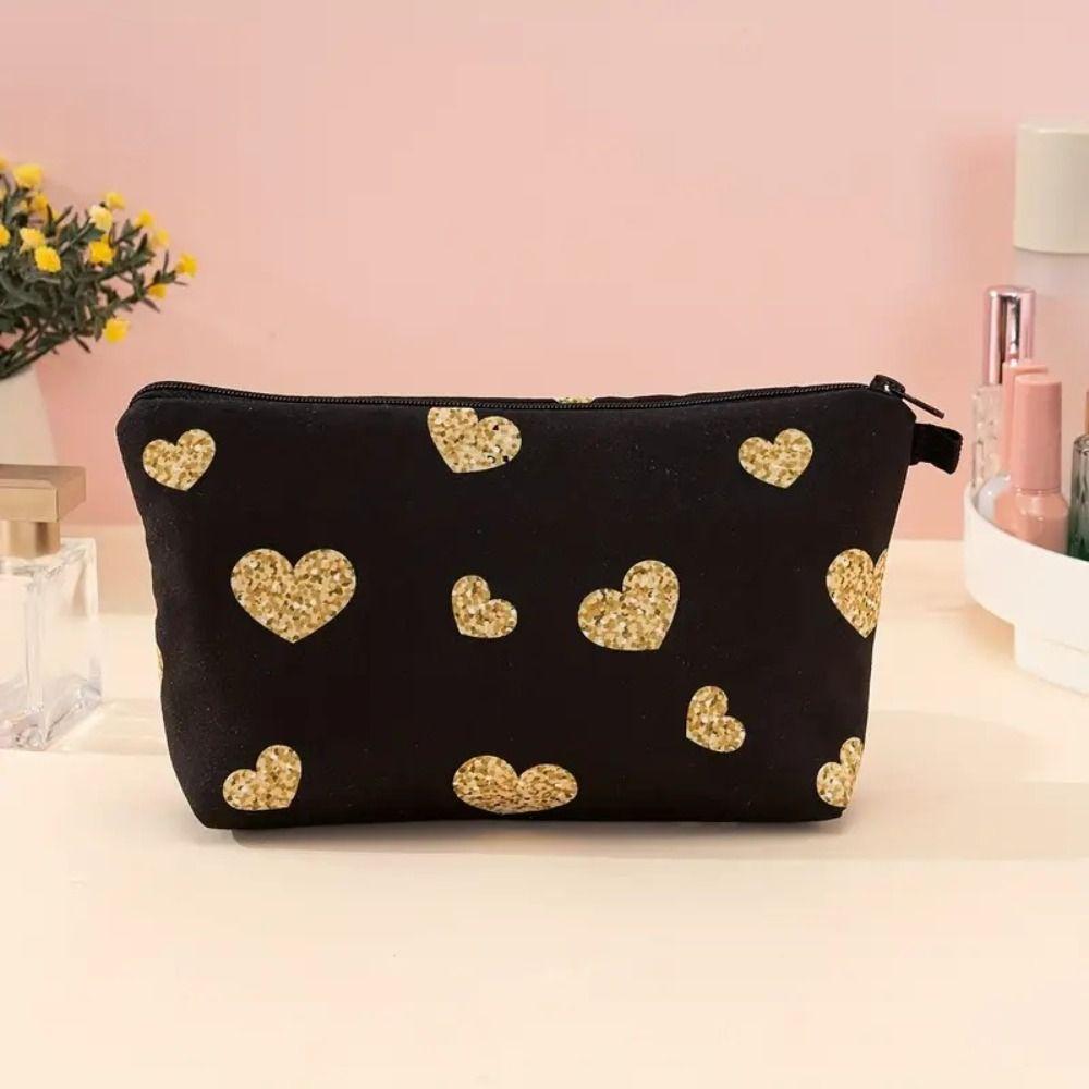 

Golden Heart Pattern Makeup Bag Zipper Storage Organizer Portable Toiletry Storage Women