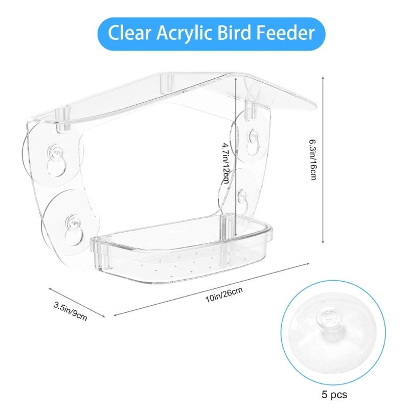 Clear Acrylic Bird Feeder Dining Tray with Suction Cups for Small to Medium Birds, Glass Mount Viewing Station for Outdoor Window Glass Use