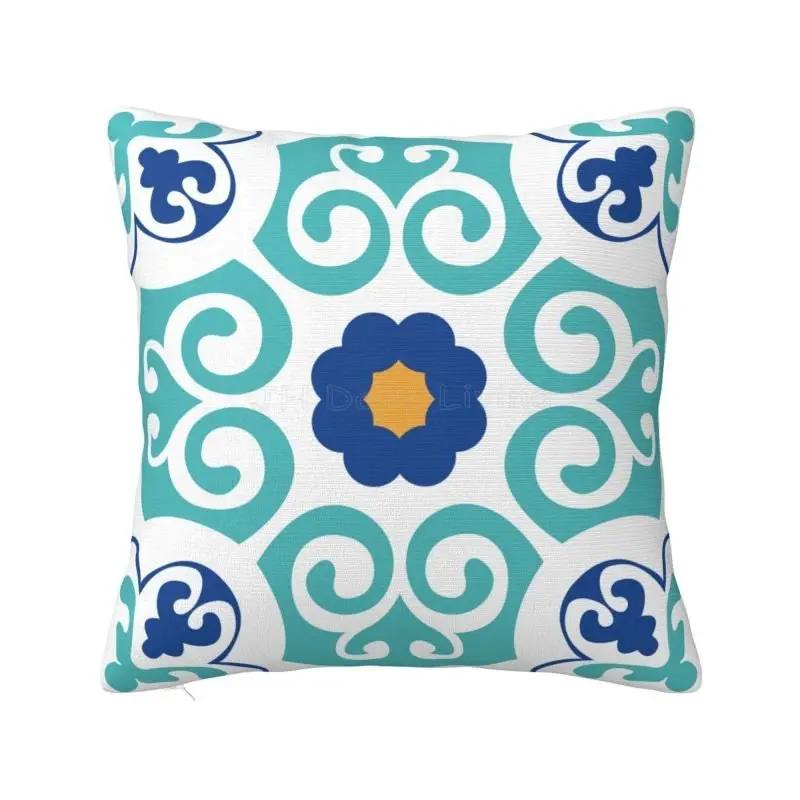 Throw Cushion Cover Boho Blue Floral Print Pillow Case Home Farmhouse Pillow Cover for Outdoor Patio Funiture Garden 18x18 Inch