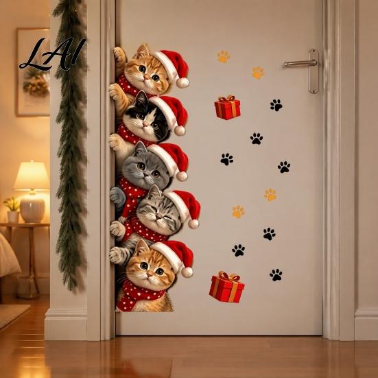 Cartoon Kitty Window Graphics Christmas Cat Door Sticker Cute Santa Hat Kittens Wall Decal Self Easy Peel And Stick Murals Adhesive Waterproof