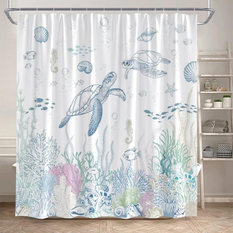 Ocean Fish Shower Curtains Watercolour Coral Sea Animals Kids Bath Curtain Polyester Cloth Modern Home Bathroom Decor with Hooks
