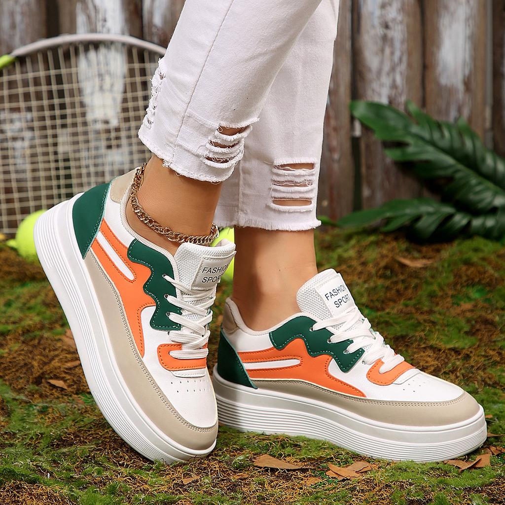 Fashion Sneakers Women's Colorblock Lace-up Breathable Sneakers Woman Campus Sneakers Show Feet Soft Leather Casual Shoes Women