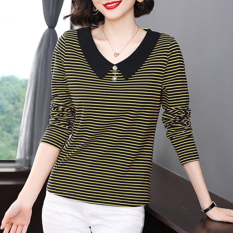 Casual Fashion Striped Printing T-shirt Spring Autumn Long Sleeve Peter Pan Collar V-Neck Loose Tops Ladies