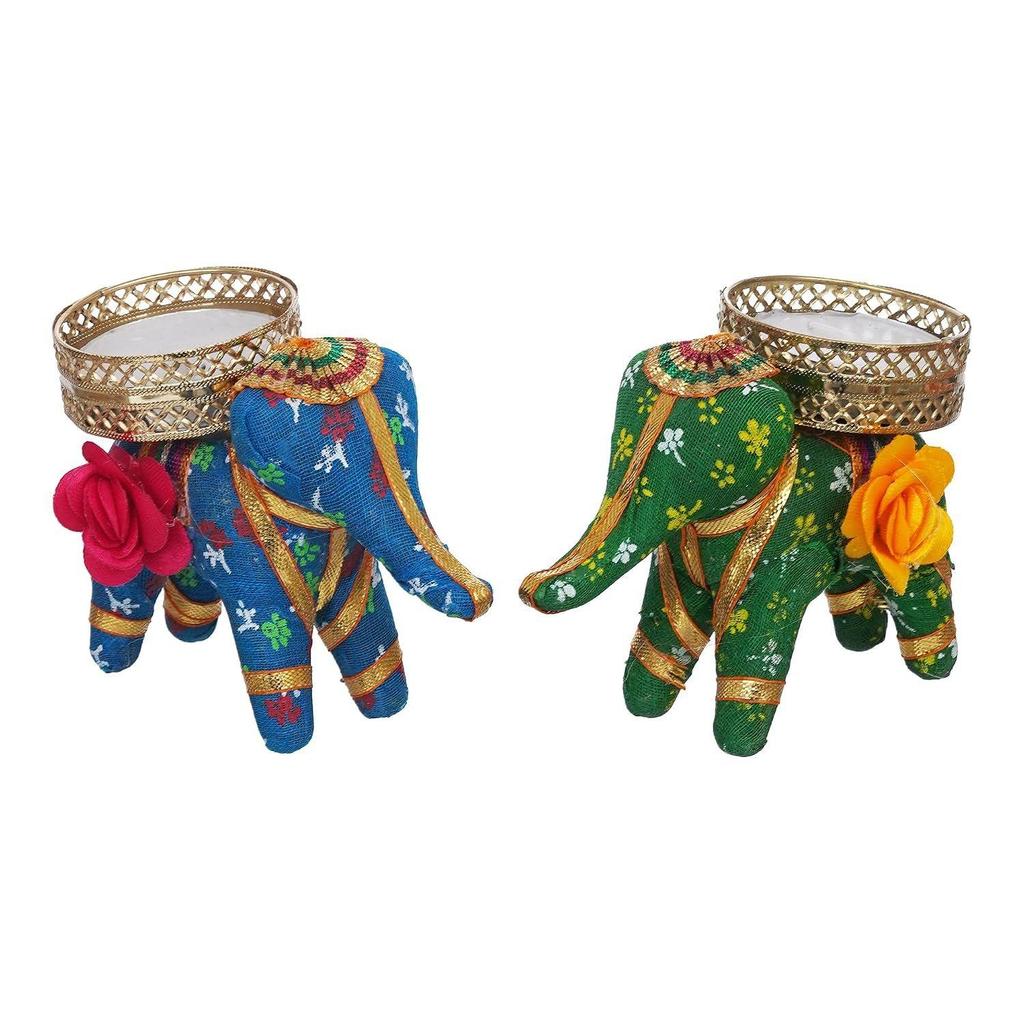 Blue and Green Elephant Decorative Tea Light Candle Holders (Set of 2) - Exquisite Home Decor for Living Rooms