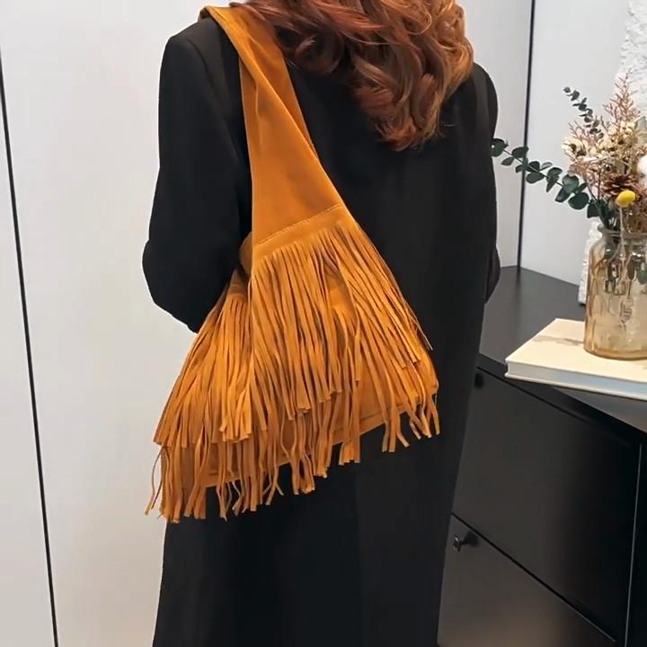 Women Frosted Tassel Shoulder Bag Faux Suede Fringe Underarm Bag Large Capacity Travel Tote Handbag Female Shopping Bag AVE
