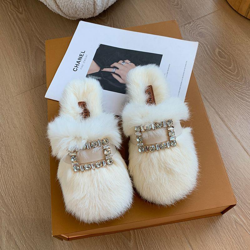 Autumn/Winter 2025 Women's Chunky Heel Furry Cotton Slippers - Mid-High Rabbit Fur Mule Shoes