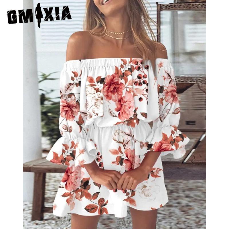 GMXIA Women's Fashion Summer Spring Solid Color Print 1/2 Sleeves One Shoulder High Waist Casual Dresses