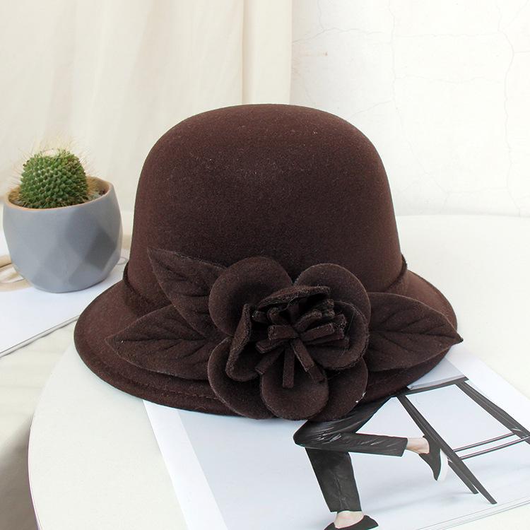 New Hat Women's Autumn and Winter British Woolen Woolen Pot Hat Fashion Flower Bucket Hat Warm Felt Top Hat