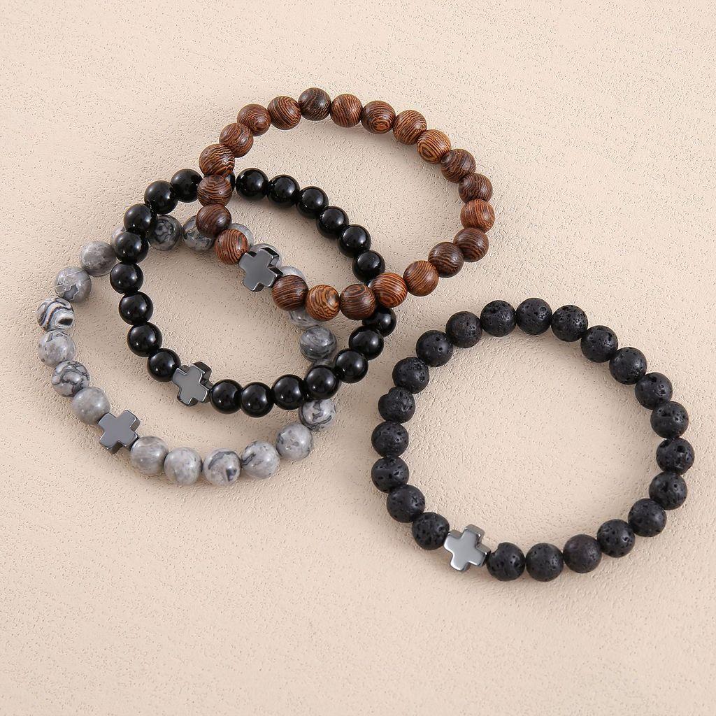 Natural Stone Beaded Bracelet With Cross Geometric Design For Men And Women
