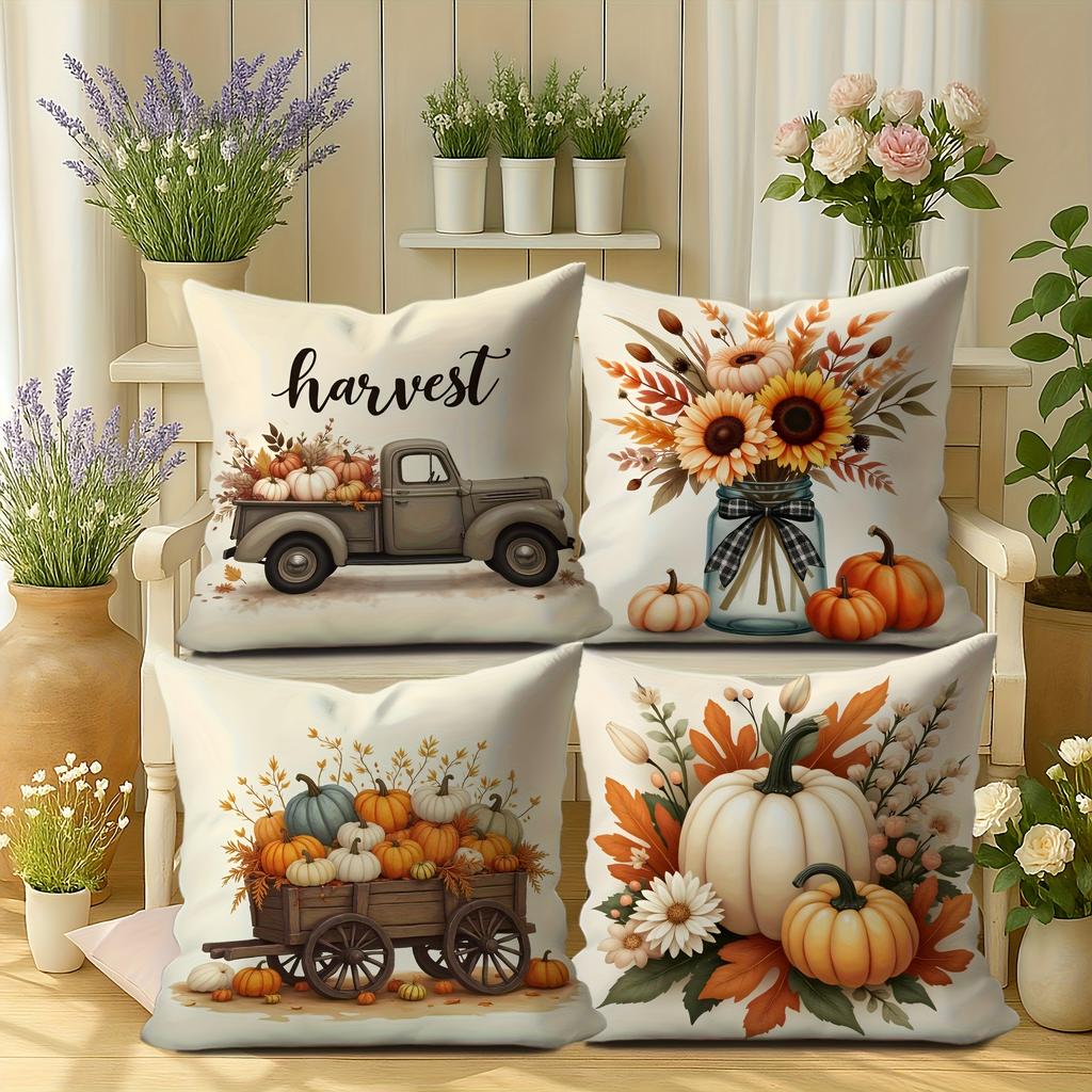 4Pcs Thanksgiving Vintage Truck And Fall Decorative Pillow Covers - Country Farmhouse Style, Polyester, Single-Sided Print,
