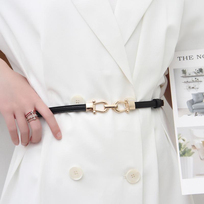 Simple Solid Color PU Leather Belt For Women Lady Gold Metal Buckle Adjustable Thin Waistband Chic Dress Coat Decoration Straps