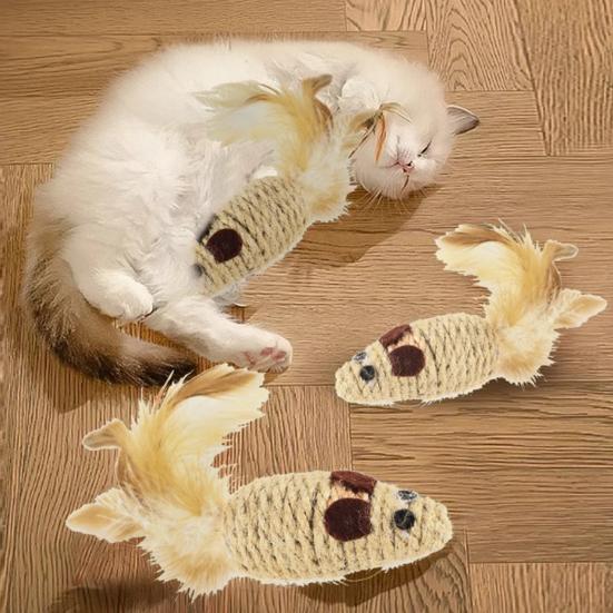 2Pcs Rope Mouse Cat Toys Rat Shape Cat Chew Toy with Feather Tail Interactive Kitten Kicker Toys Stimulate Hunting Instincts for Indoor Cats