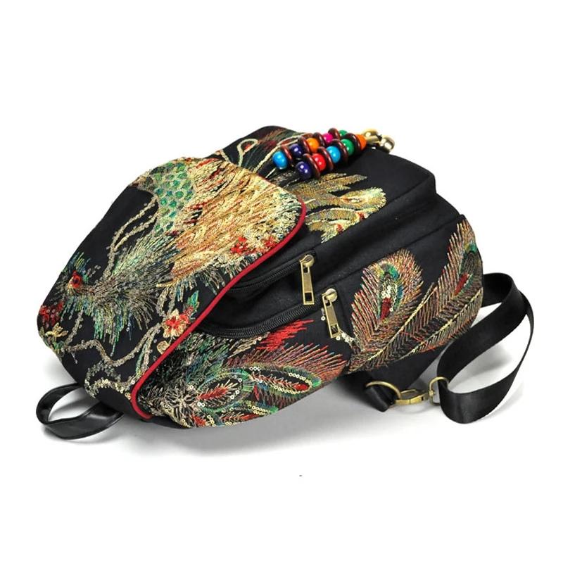 Damen Reise-Schulterrucksack Retro-Design Canvas-Rucksack Damen Große Kapazität Ethno-Rucksack Handgefertigt Bestickter Rucksack