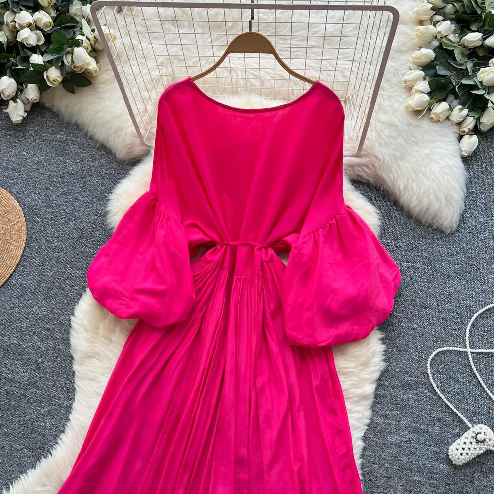 Retro V-Neck S páskem v pase Lucernový rukáv Délka ke kolenům A-Line Midi šaty Korejský Sle Letní Dlouhé šaty pro ženy