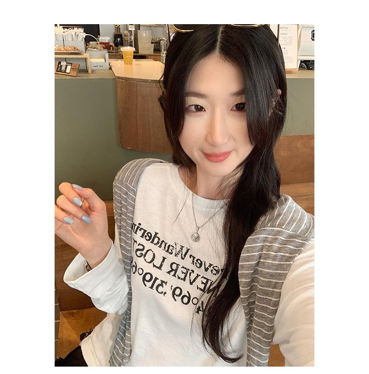 Women's European Style Long Sleeve Loose-Fit Letter Print T-Shirt, American Retro Slim Base Layer