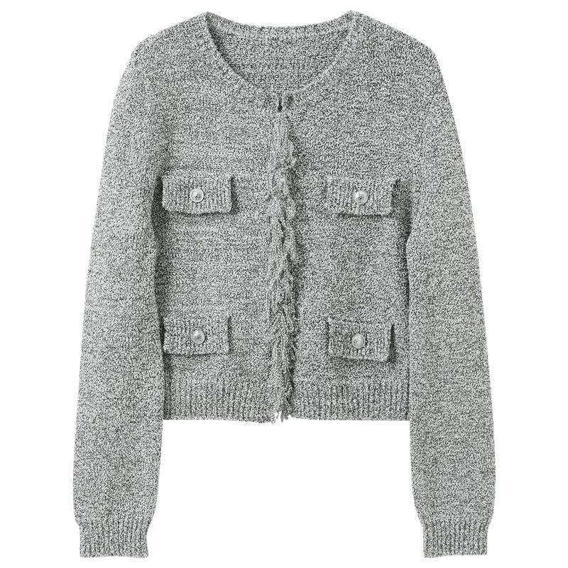 SANCITY Women's Round Neck Raw Edge Knit Cardigan