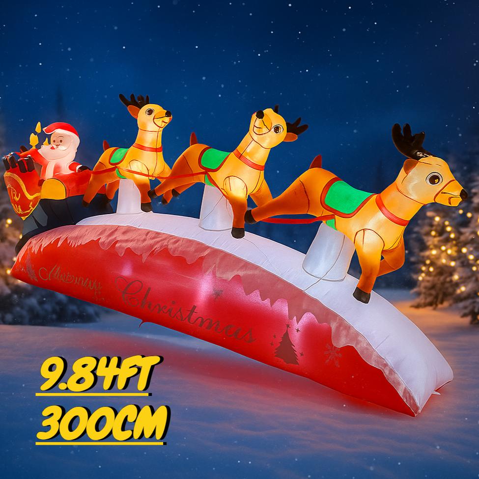 9.84FT Inflatable Toy Santa Claus Sleigh Reindeer Xmas Yard Decoration LED Christmas Supplies Home Ornament Festive Gift