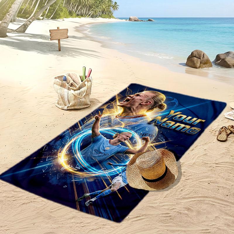 Asciugamano da Spiaggia Personalizzato Stampato Erling Haaland Logo Calcio Supporto Nome Personalizzato Testo Asciugamano Assorbente Per Sport Viaggio Regalo Speciale