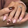 24PCS Almond Brown Smudge Press On Nails with Glue Retro Flowers Autumn French Fake Nails for Women Wearable Simple False Nails
