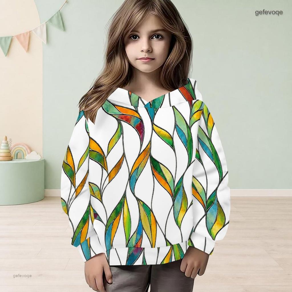Girls Long Sleeve Hooded Sweatshirt Green Blue Leaf Printed Pullover