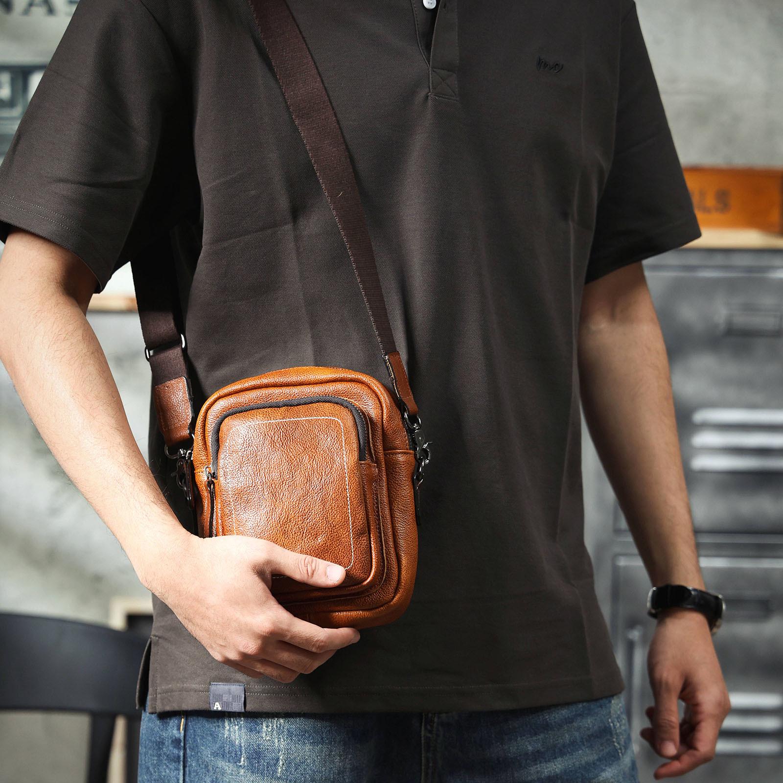 

Men s Genuine Leather Minimalist Crossbody Bag - Handmade Vegetable Tanned Cowhide захід/жовтий
