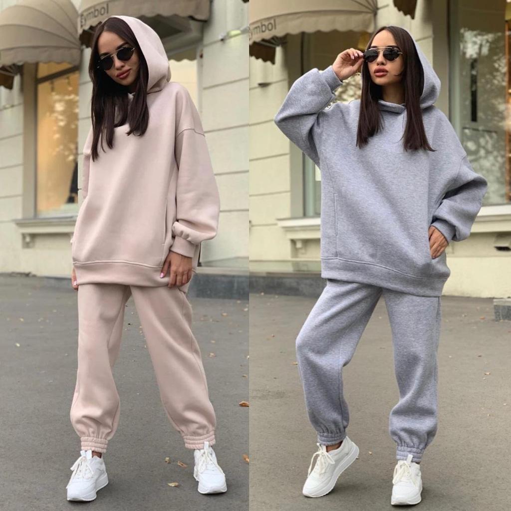 Women's Casual Fleece Hooded Two-Piece Sweatshirt Set - Loose Fit, Autumn/Winter 2023 Style