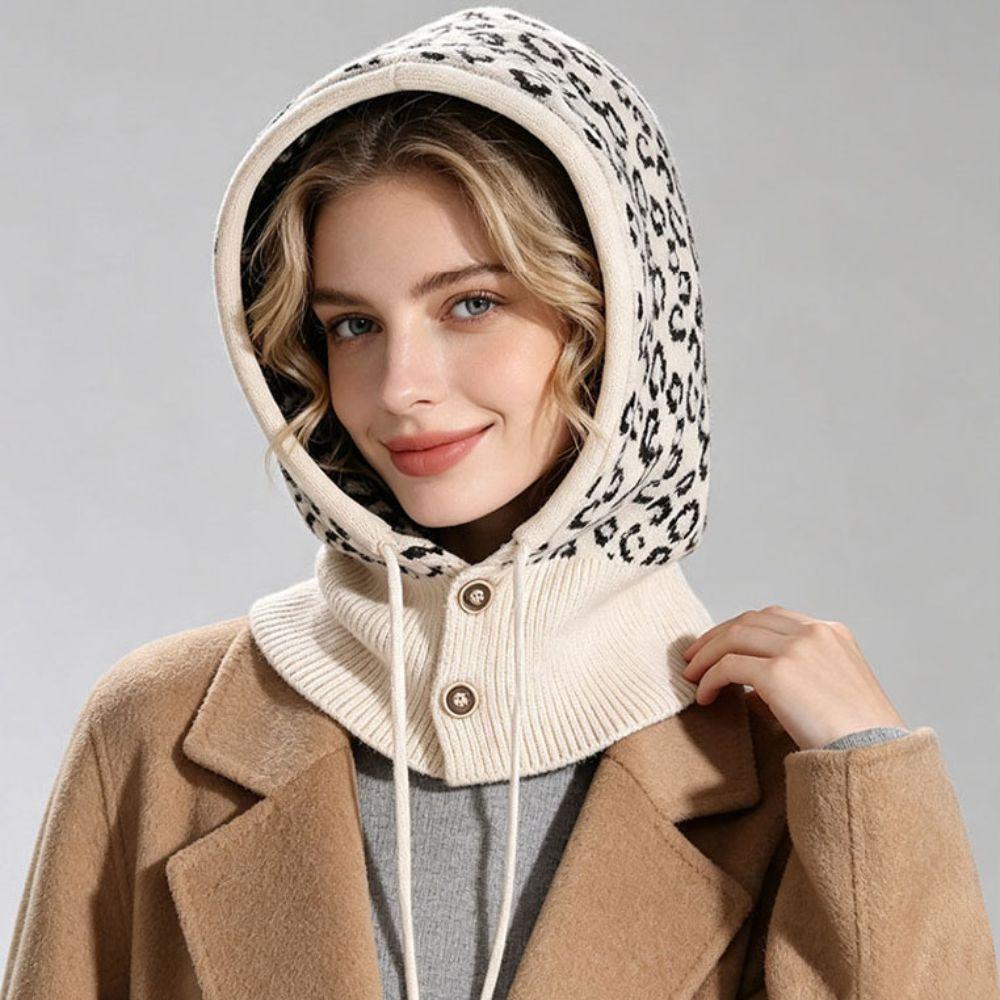Warm Balaclava Hat Leopard Print Knitted Hooded Cap Fashion Ear Protection Hat Winter/Autumn