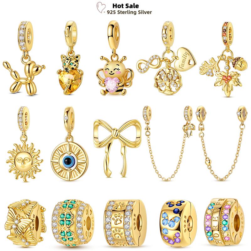 Golden Series Diy Clip Charms Beads Original Fine Copper Inlaid Sun Poodle Dog Bow Safety Chain Fit Bracelet Jewelry Marking