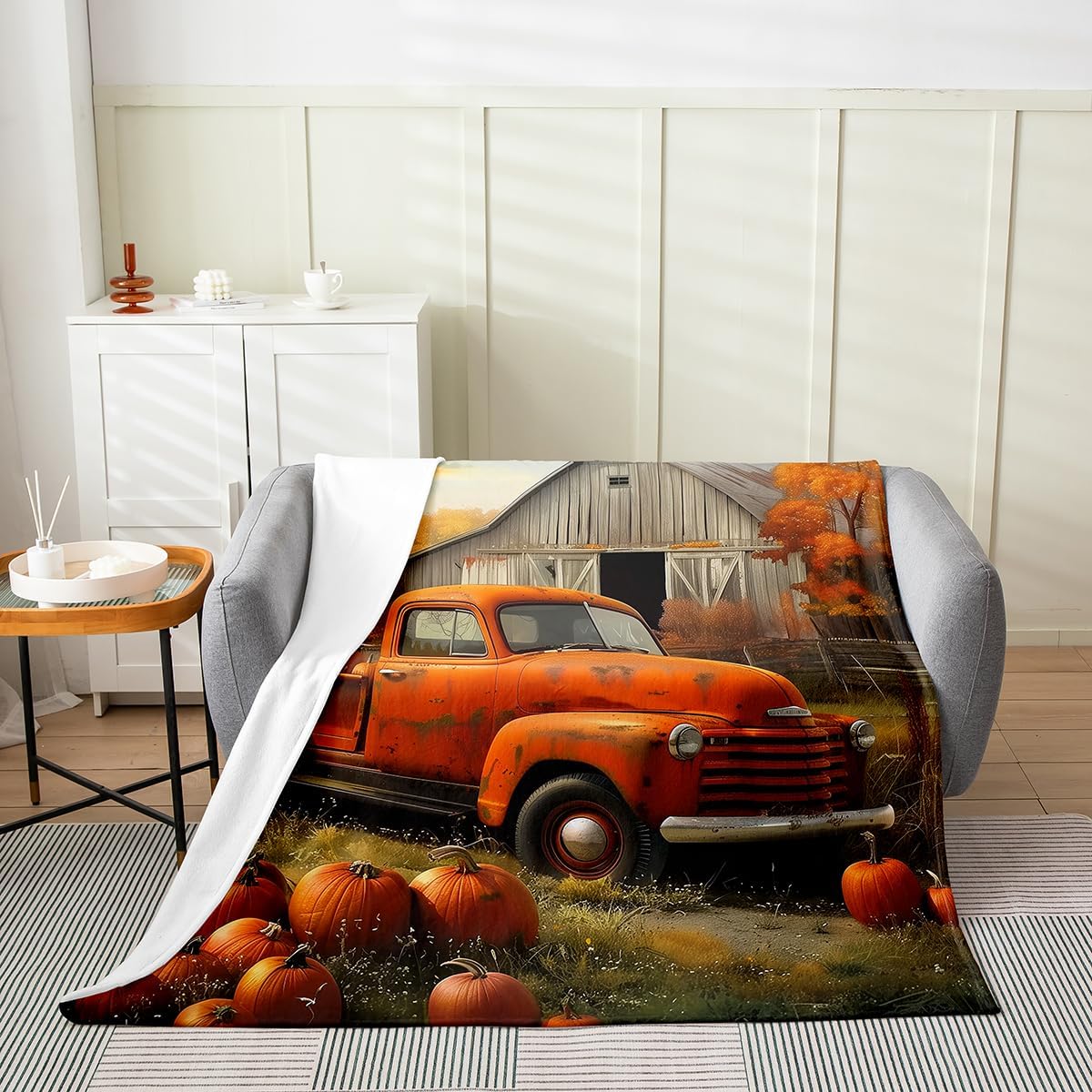 

GUOYU Blanket Fall Pumpkin Harvest Fleece Flannel BlanketRustic Maple Autumn Leaves Bed Plush Blanket for Rustic Home DecorHarvest Patchwork 75x100cm (30x40inch)