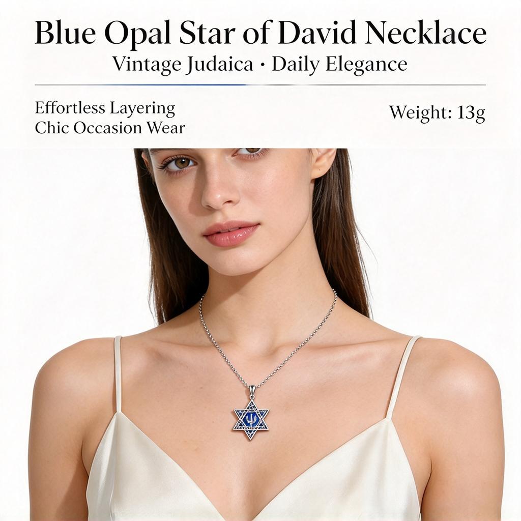 Blue Opal Star of David Necklace, Menorah Judaica Hexagram Pendant