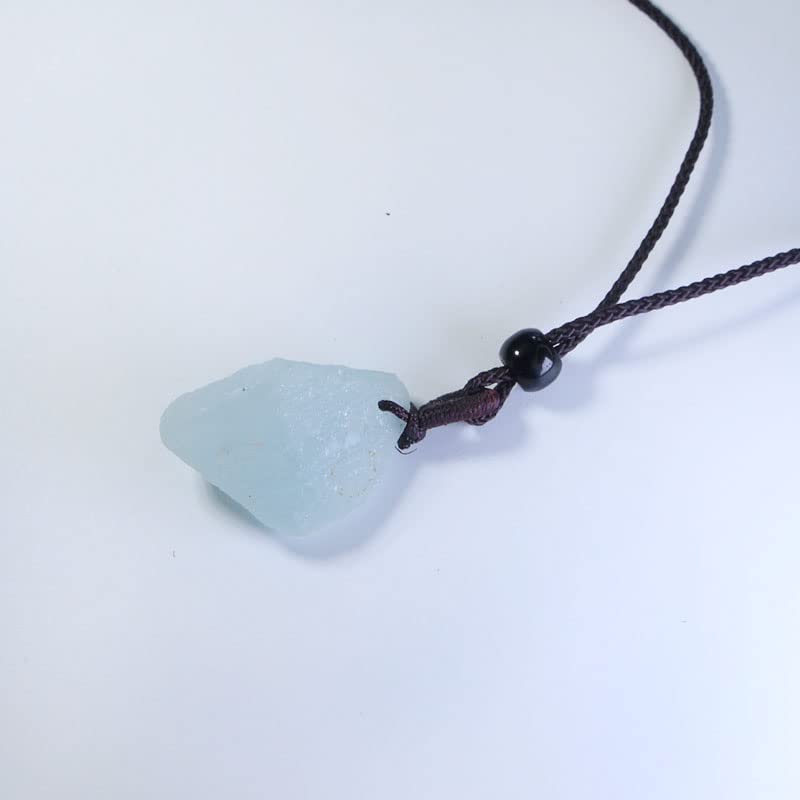[Sundarwald] White Blue Natural Stone Aquamarine Handmade Necklace Power Stone Black Braided Women's Men's Unprocessed Stone Pendant Adjustable