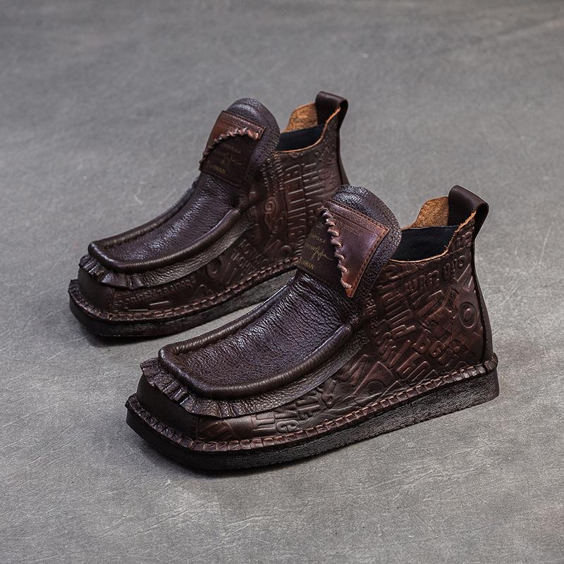 

Johnature Vintage Versatile Натуральная кожа квадратный носок короткие ботинки женские плоские туфли без застежек для поездок на работу 39 кофейный