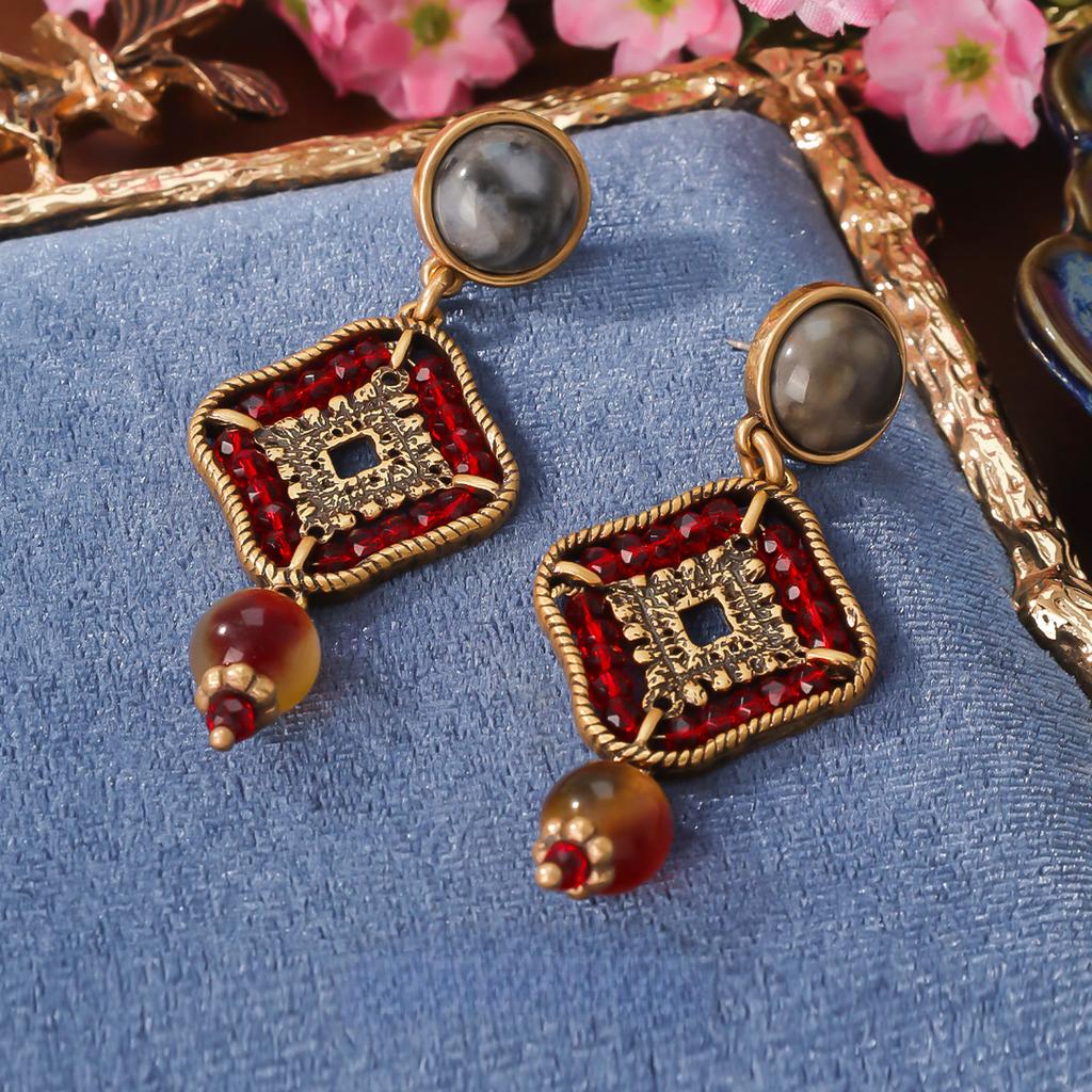 Fashion Retro Style With Auspicious Patterns Glass Flower Women'S Necklace Earrings Bracelet Jewelry Set