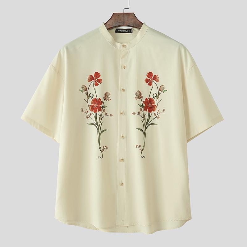 

INCERUN Summer Men Collarless Short Sleeve Floral Print Casual Loose Shirts L