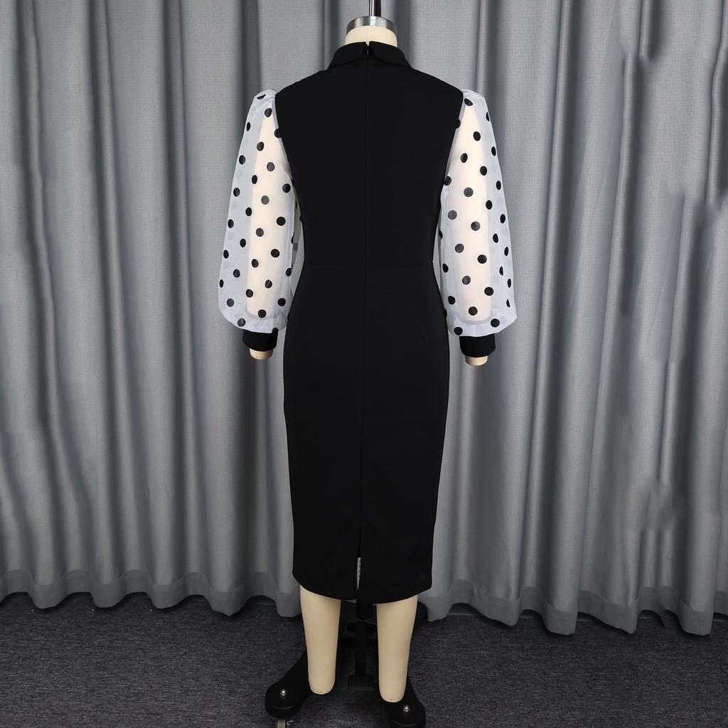 Elegant Long Sleeve Dresses 2026 Polka Dot Printed Buttons Sheath Package Hips Mid Calf Dress