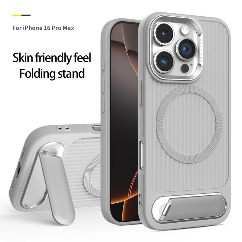 Luxury Stripe With Folding Bracket Plain Phone Case For iPhone 16 15 14 13 12 11 Pro Max Magnetic For Magsafe Wireless Charging