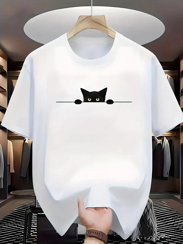 2025 Men's Summer 100_ Cotton Fashionable Casual Loose Large Cute Cat Pattern Printed Round Neck Short Sleeve T-shirt Top