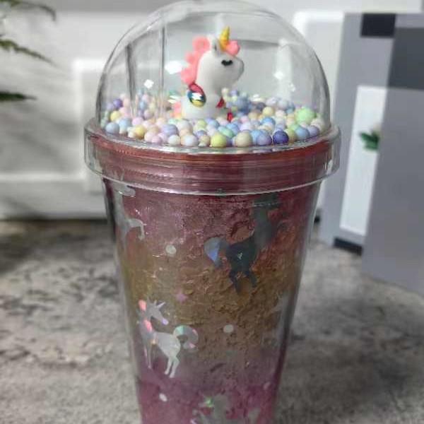 New High-value Unicorn Straw Cup,Portable Cartoon Plastic Water Cups, Double-layer Glitter Crushed Ice Cup, Holiday Gift Tea Cup