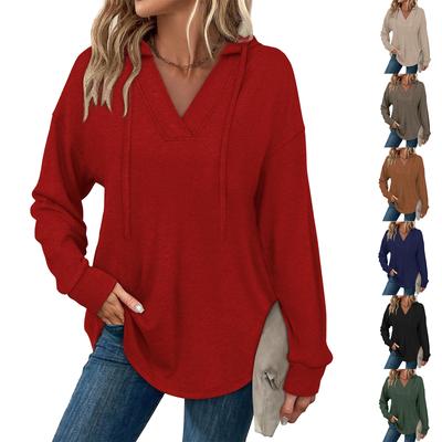Moda Feminina Cor Sólida Manga Longa Capuz Decote V Casual Blusa Moletom
