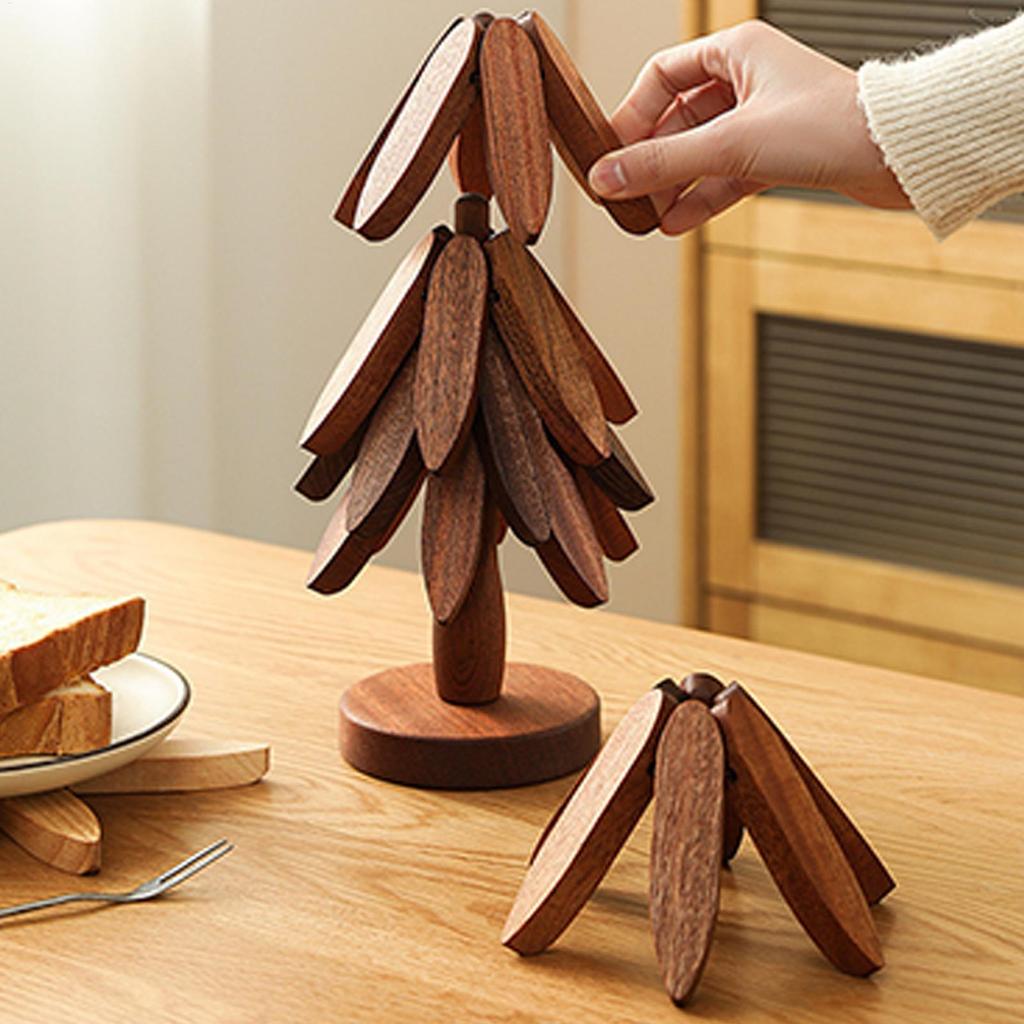 Wooden Trivets Tree Trivet Foldable Wood Christmas Tree Shaped Teapot Holder Tabletop Protection Hot Pot Coaster Table Mat