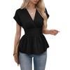 Summer Women's Solid Color V-neck Waist Gathered Pleated T-shirt Short Sleeve Casual Top