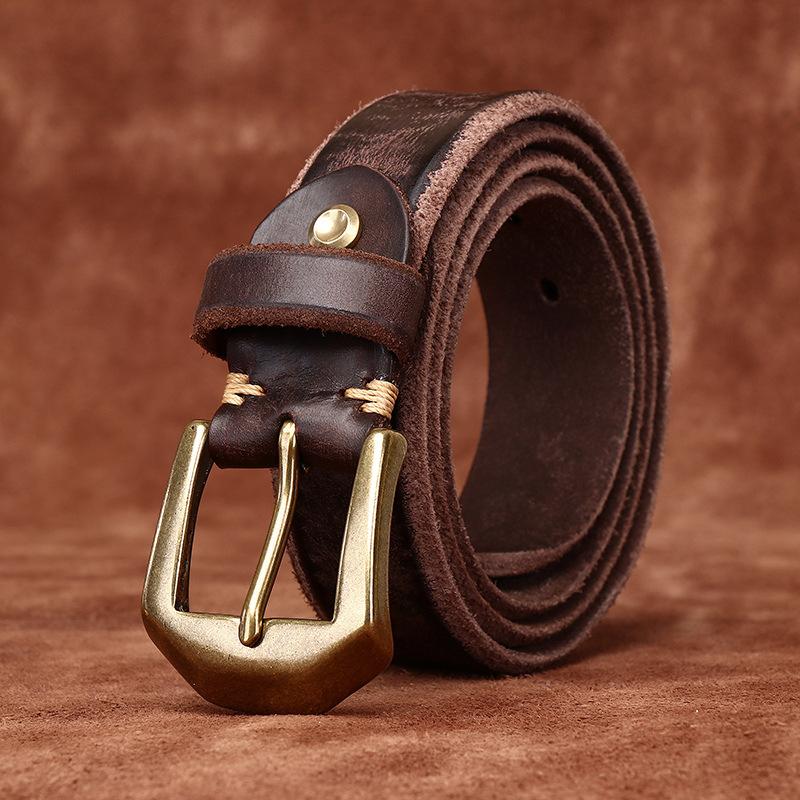 Rough and Domineering Thickened Top Layer Cowhide Belt for Men, Copper Buckle with Rough Edges and A Vintage Washed Leather Base