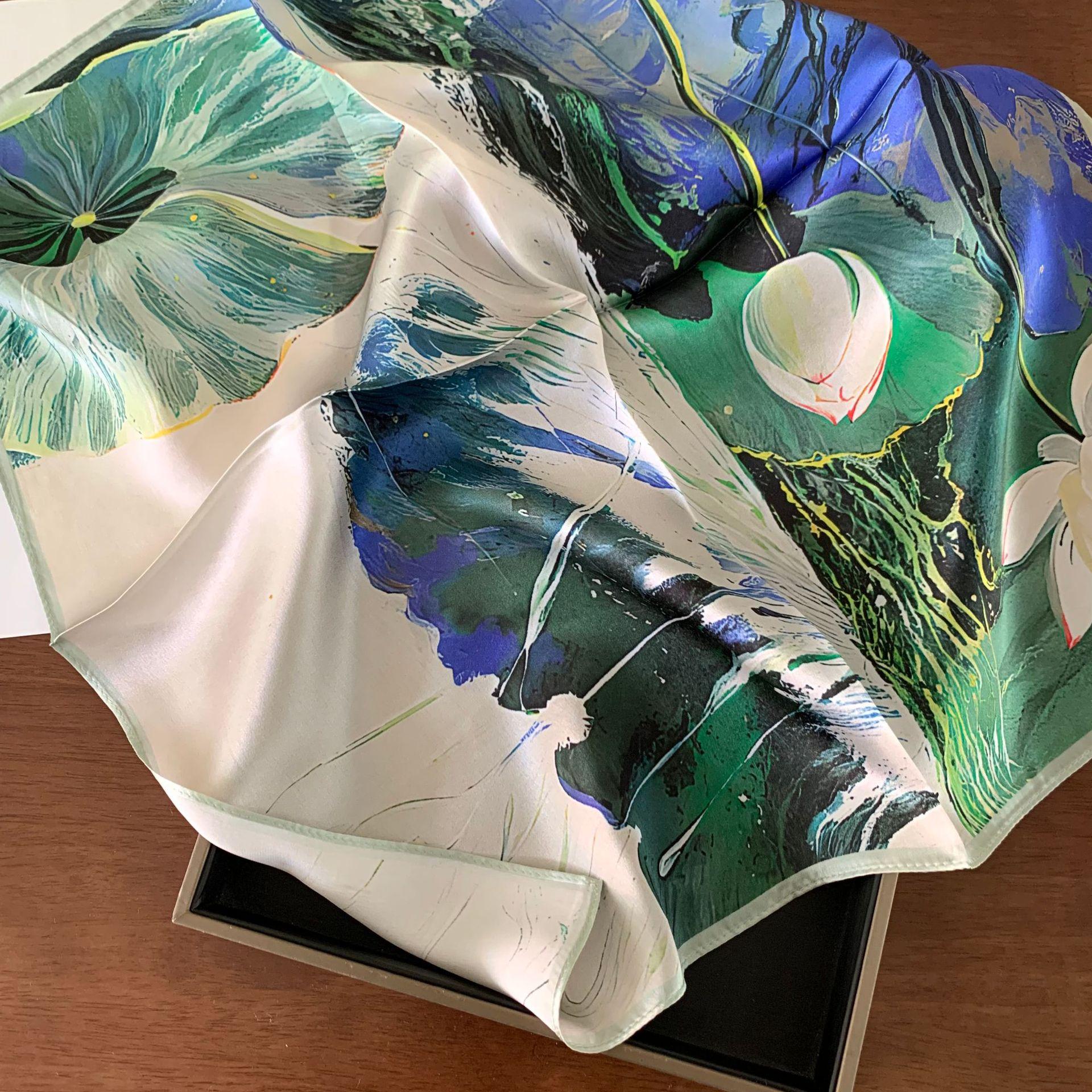 

The Beauty Of Art~ Mulberry Silk Scarf Women S Oil Painting Decorative Temperament Gilt Lotus Versatile Decoration 53 Silk Square Scarf 53-53
