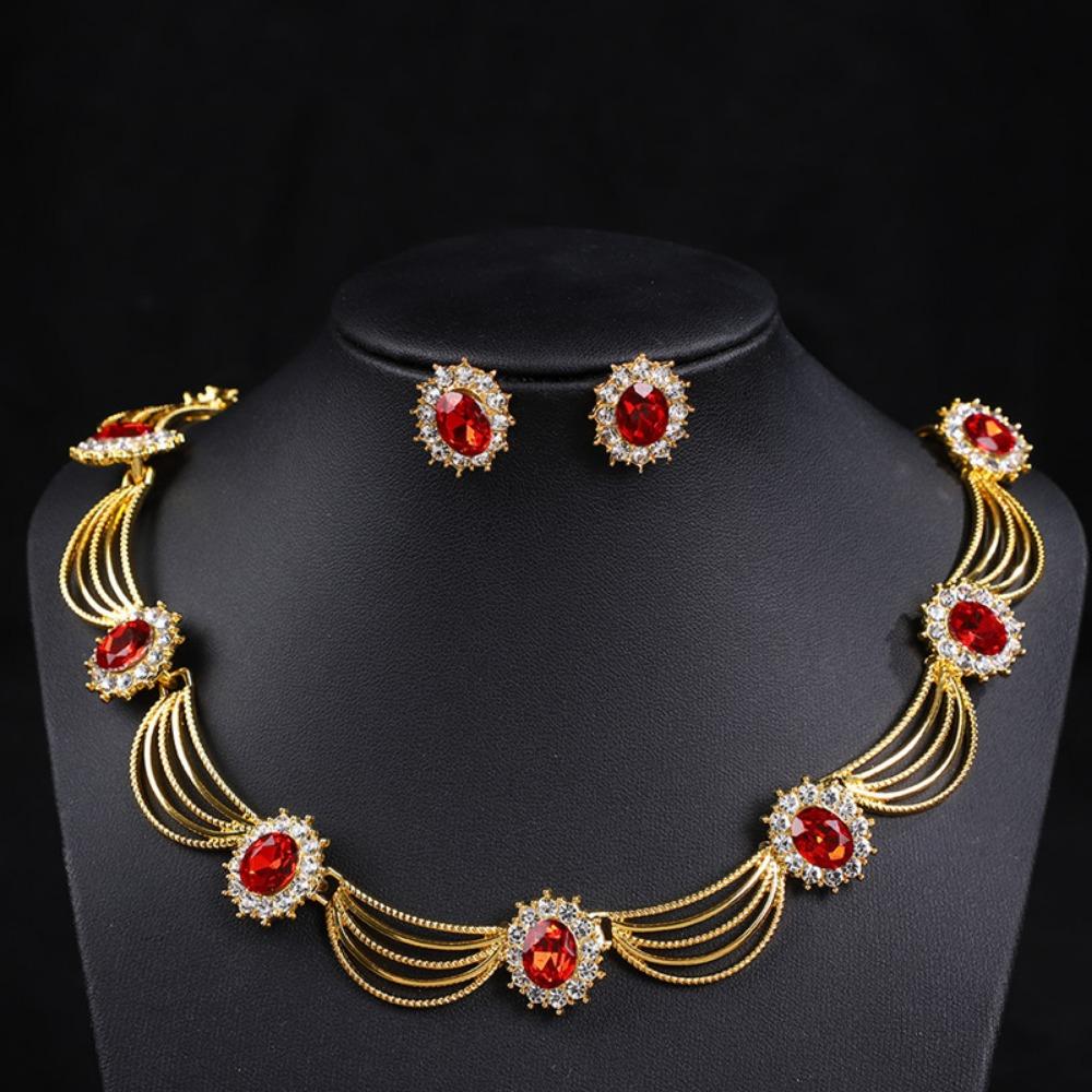 Gold-Tone Gemstone Necklace Set Geometric Statement Jewelry Set Earring Matching Set  Women