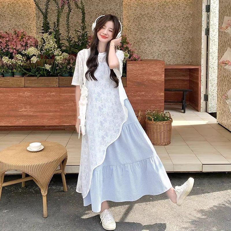 Женский Милый Корейский Клетчатый Топ-Платье и Кружевной Кардиган Набор Летний 2026 M for 80-100 jin